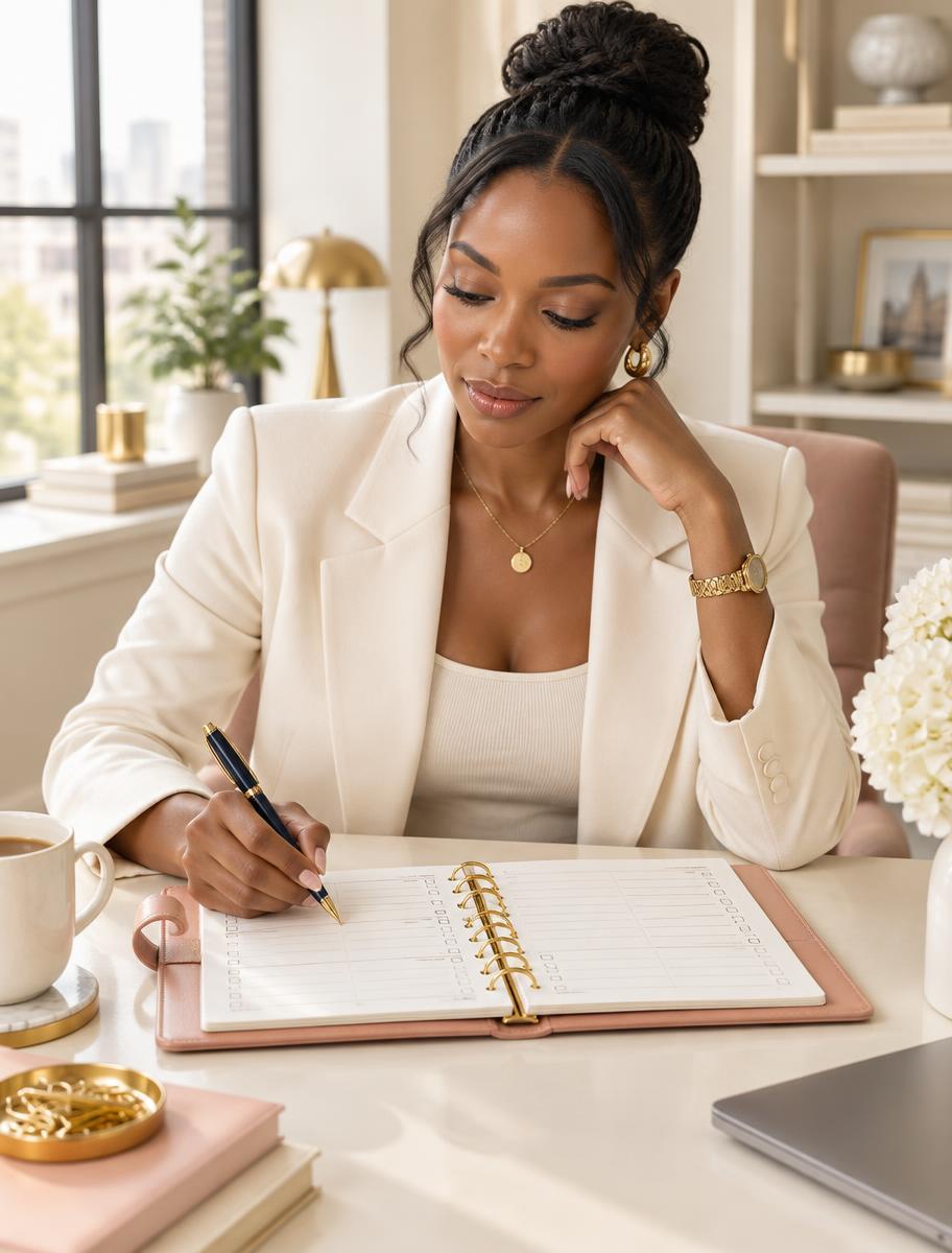 Woman writing in an elegant weekly planner