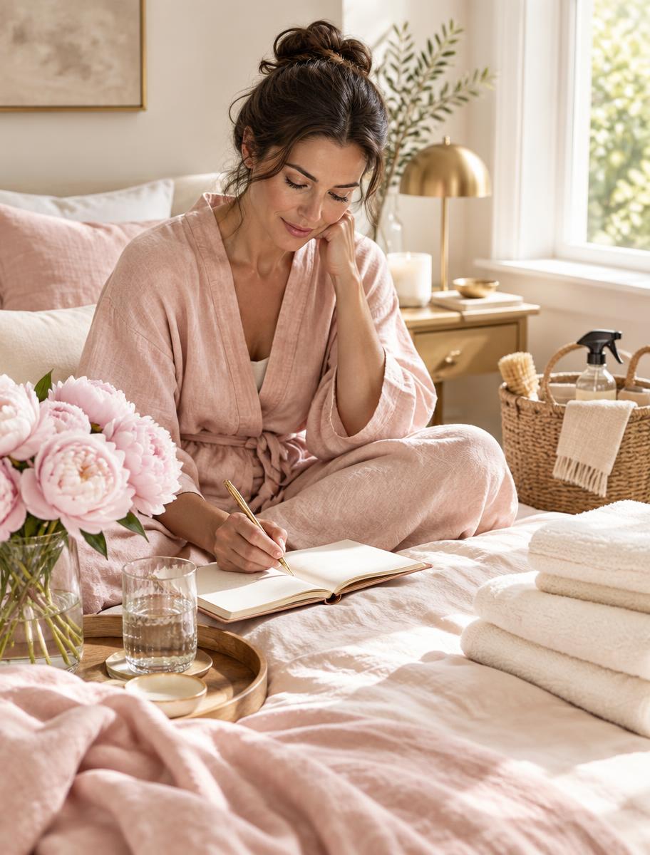 Woman journaling in a serene blush bedroom